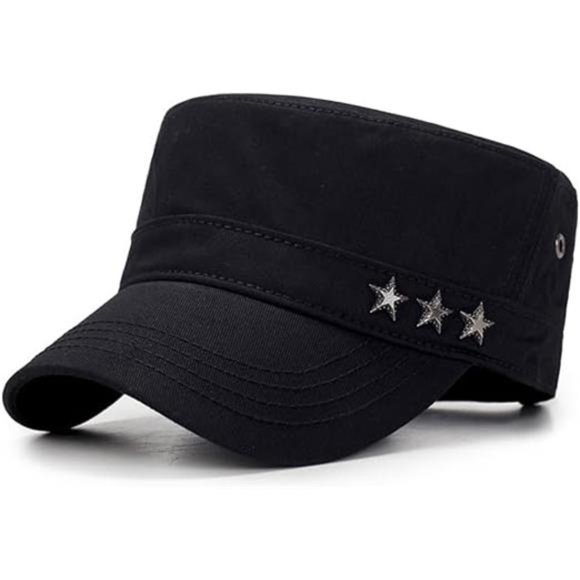 Unisex Flat Top Cap Army Cadet Cotton Adjustable Hat, Black